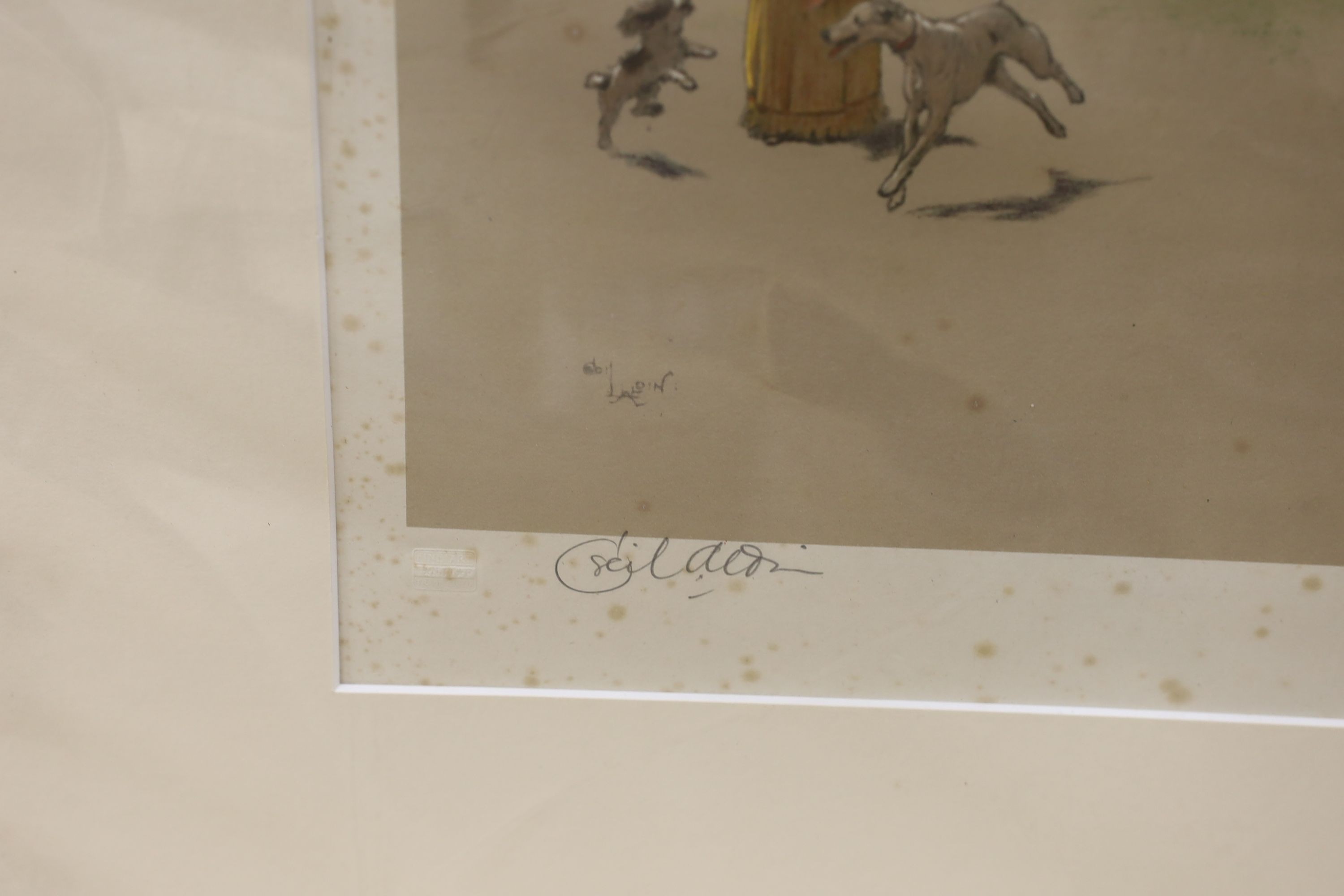 Cecil Aldin, colour print, Child and dogs beside a 17th century house, signed in pencil, 45 x 36cm, unframed